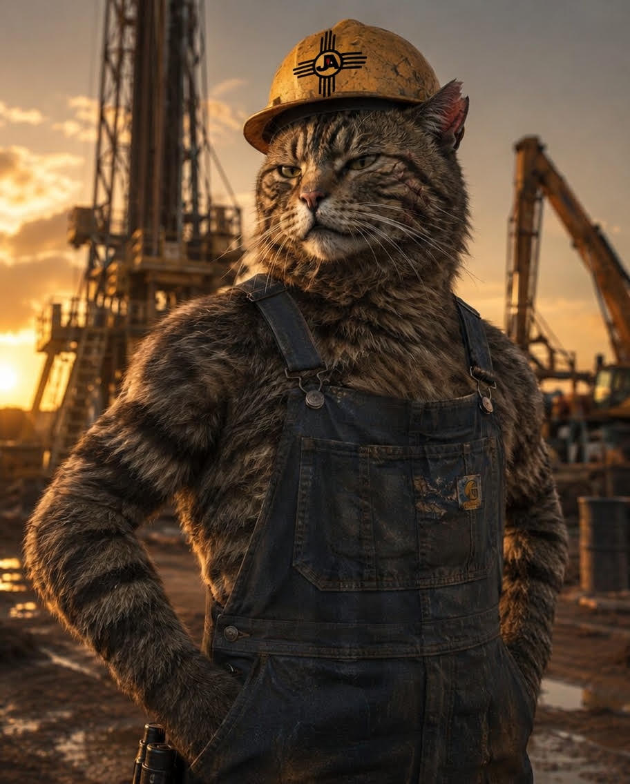 CrewKitty foreman tomcat mascot in a hard hat and overalls at an oilfield site